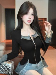GUZILIAN | Retro American Spicy Girl Zipper Splice Frayed Edge Jacket Womens Spring Design Slim Fit Short Style Half Open Collar Top
