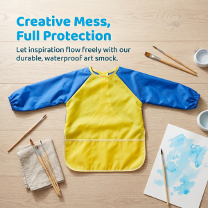 Long Sleeve Art Smock Nylon Painting Apron with Elastic Cuffs & 3 Large Pockets for Pottery Crafts Messy Eating