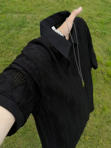 Mens Summer Breathable Textured Black Knit Polo Shirt