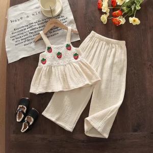 Melario | Summer New Beige Cute Girl Casual Suit Strawberry Lace Camisole Top+wide Leg Pants Two-piece Set Korean Version