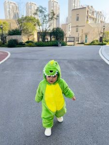 ASM Green Dinosaur Gotchi Set kids Goth Costume Baby Dinosaur Costume Scottish Outfit Mascot Costume Children Onesie Pajamas for Boy Girl Cartoon Animal Cosplay Onepiece Costume Figure Costume with Hood Winter Home Suit Front Button Design