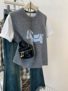 เสื้อกั๊กถักสีเทา ทรงหลวม สำหรับผู้หญิง ช่วงต้นฤดูใบไม้ร่วง 2025 ใหม่ ชุดชั้นใน แจ็คเก็ต แขนสั้น ทรงเข้ารูป ทรงเข้ารูป