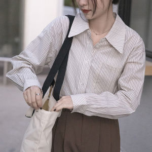 Blue Striped Womens Shirt Long Sleeve Commute Style Interview Top Professional Design Autumn New Arrival Korean Version POLO Collar