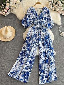 Soft Breeze Bubble Sleeve V-Neck One-Piece Pants High Waist Slimming Porcelain Print Straight Leg Wide Leg Pants Jumpsuit