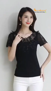 Áo thun nữ thêu ren áo kiểu đính đá ngắn tay màu đen GLA175 Cuocsongvang