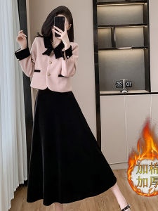 ชุดสองชิ้นผ้ากำมะหยี่เนื้อหนาสไตล์บุหรี่บุหรี่ 2025 พร้อมโบว์ผีเสื้อ กระโปรงสั้นทรงเอเข้ารูป ฤดูใบไม้ผลิ ฤดูร้อน ฤดูใบไม้ร่วง ฤดูหนาว