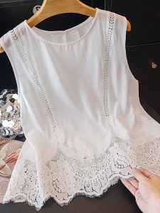 AIYITI | French Unique Lace Splicing Sleeveless Shirt Vest Women Summer Thin Cotton Linen Small Top Round Neck Regular Length Thin Style