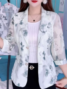 Fashion Elegant 3/4 Sleeves Thin Suit Outwear Female 2024 Summer New Arrival Loose Slim Looking Print Mom Top