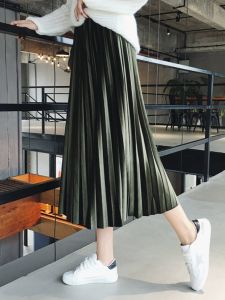 Gold Velvet Pleated Skirt Medium Length High Waist