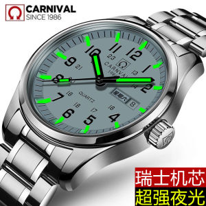 Luminous Mechanical Mens Quartz Watch Large Dial Dual Calendar Waterproof Dads Watch round Shape Steel Band Sport Style