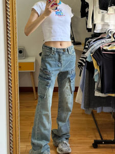 Retro Distressed Workwear Denim Pants High Waist Slimming Micro Flared Straight Leg Jeans for Women Autumn Season Loose Fit