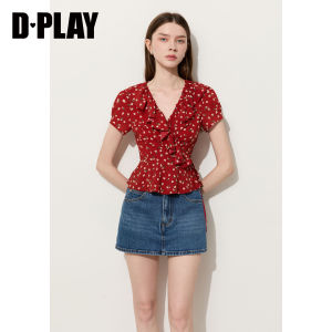 D-PLAY | Red V-neck Ruffle Floral Slim Blouse