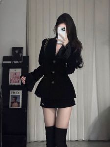 Velvet Top Skirt Set Cool Arrogant Rich Girl Sensation Celebrity Lady Fashionable Two-Piece Suit Cotton Long Sleeve V-Neck