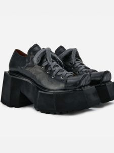 Original Pig Nose Shoes Womens Retro Knot Tied Thick Heel Chunky Platform Mary Janes Fashionable Cross Buckle Slip-On Boots