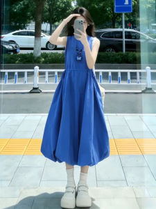 LIRUSHAN | Blue Halter Sundress 2026 New Dopamine Style Blooming Long Dress