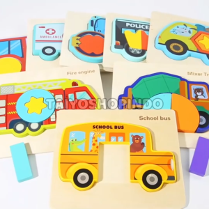 TAIYO Puzzle Kayu 3D Geometri Transport Shapes Wood Jigsaw Kendaraan Montessori Mainan Edukasi Anak