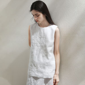 Miccbeirn | Pure Linen Embroidered Sequin Sleeveless Vest Top French Artistic Style Simple White Commute Inner Wear Floral Pattern Round Neck