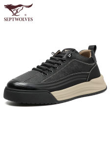 Casual Septwolves Mens Shoes Soft Leather Slip-On Thick Bottom Leisure Board Shoes Fashionable Work Boots round Toe Rubber Outsole