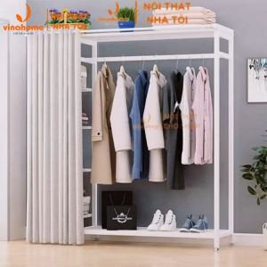 VNH-507 Kệ treo giá treo quần áo kèm kệ để đồ khung sắt mặt gỗ bền chắc đa năng tiện lợi