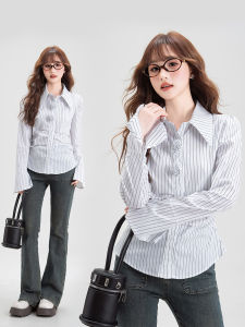 Slimming French Floral Stripe Long Sleeve Shirt for Spring