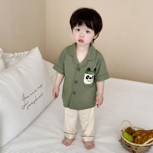 Miiow | Pure Cotton Childrens Sleepwear Short Sleeve Long Pants Breathable Boys Home Clothes Summer Casual Style Comfortable Sweatpants