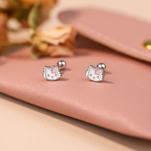 OUGUI | Cute KT Cat Screw 999 Pure Silver Earrings