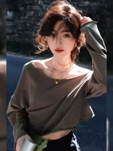 Áo Thun Nữ Tay Dài Hở Vai Dáng Rộng Phong Cách Hàn Quốc Thường Ngày Mùa Xuân Thu Năm 2025 Cổ Chữ V Dài Vừa Phải Chất Liệu Khác