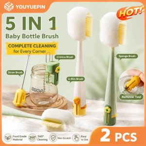 5-in-1 Long Handle Baby Bottle Brush Set with 360° Rotation for Hygienic Cleaning of Water Bottles Thermos Milk Bottles Straws & Cups – Safe Multipurpose Tool