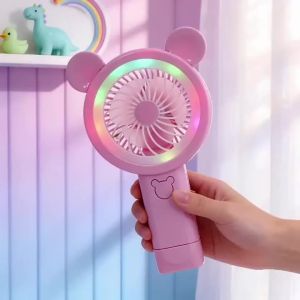 2026 New Gradient Light Handheld Mini Fan Portable Lovely Pink Cartoon Windy Fan Cute Round Ears Desktop Small Electric Fan