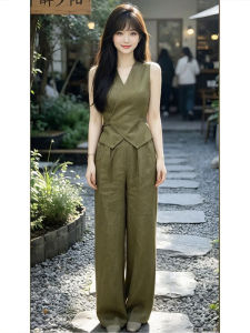 Shalldoer | American Retro Style Two-piece Set Sleeveless V-neck Tie Waist Vest and Straight-leg Trousers
