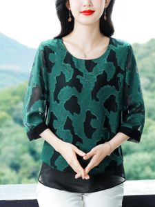 MAIMEI | Floral Embroidery Chiffon Shirt Women Summer Loose Cover Belly Slimming Top Casual Style Polyester Fabric Seven Sleeve Round Neck