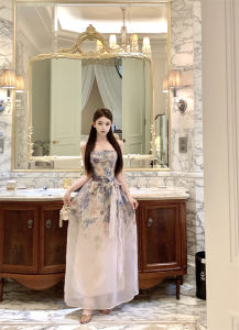 Elegant French Style Floral Print Maxi Dress Womens Beautiful Unique Luxury Gown Sweet Waist Design Sleeveless Evening Dress