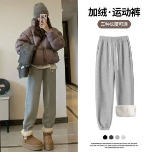กางเกงกีฬาผ้าฝ้ายฟอกสีเทาสำหรับผู้หญิง ทรงหลวม กางเกงขายาวทรงหลวม เอวยางยืด สไตล์ลำลอง สวมใส่สบาย ฤดูใบไม้ร่วง/ฤดูหนาว