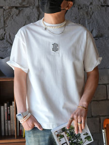 Spring Fashionable Mens Short Sleeve T-shirt round Neck Letter Print American Casual Base Shirt Youth Breathable Cotton Blend