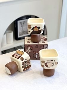 Ceramic Cat Patterned High Footed Dessert Cup Couple Holding Cup Creative Tempera Underglaze High Temperature Resistant Cup
