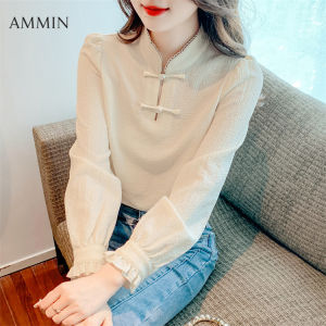 AMMIN Chinese style simple temperament Pangu button chiffon shirt For women autumn new long sleeve fashion temperament slim fit thin chiffon top Tops
