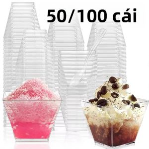 50/100 Chiếc Hình Thang Nhựa Trong Suốt Món Tráng Miệng Ly Dùng Một Lần Cho Đảng Thạch Nước Chấm Nếm Nhà Bếp Hộp Đựng