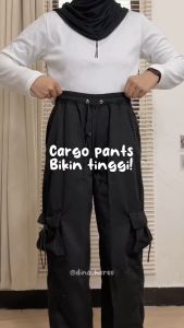 Celana Cargo Wanita Highwaist Loose Casual Impor Premium Kargo Serut Saku Retro Korean Style Terbaru