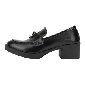 Womens Leather Shoes Black Coarse Heel Loafers