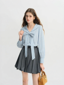 DUSHU | Large Size Sailor Collar Bow Decorated Striped Dress