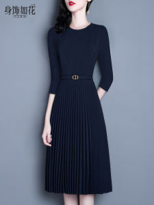 Elegant A-Line Midi Dress in Royal Blue with Pleated Long Sleeve Design for Spring Autumn Season Ladylike Style Commute Wear