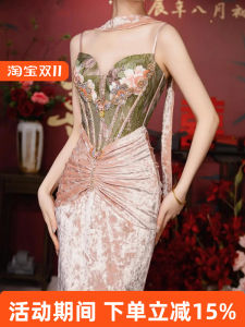 New Chinese Style Morning Robe Luxury Heavy Work Strap Wedding Dress for Engagement Female Vintage Style Floral Long Gown