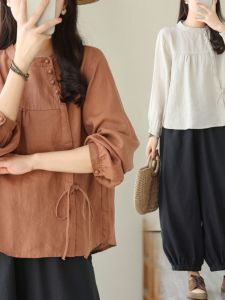 Retro Japanese High-End Cotton Linen Shirt Womens Loose Belted Slimming Top Spring New Style Casual And Pear Body Type