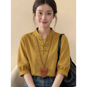 Mandarin Collar Loose Slim Fit Womens Short Sleeve Shirt