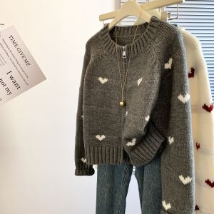 Womens Soft Sweater Design Heart Shaped Autumn Winter Slimming Short Coat Sweet Style Long Sleeve round Neck Zipper Closure