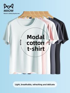 MiiOW | Cat Lady Womens Modal Cotton Round Neck Short Sleeve T-shirt Summer Base Layer Top Slim Fit Commute Style Pure Color Sweatshirt