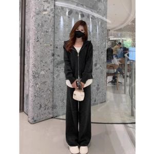 Fashion Casual Sporty Womens Set High Waist Wide Leg Pants Two-Piece Suit Spring Autumn High Sensation Fake Two-Piece