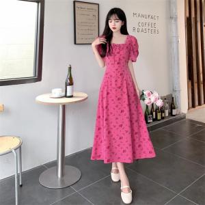 Summer New Design Sense Slit Tie Long Dress High Waist Shantung Material Rose Fairy Skirt Style Commute Polyester Fiber