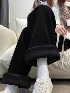 plus Size Womens Black Fleece Lined Wide Leg Pants Winter Slimming Trousers High Waist Floor Length Straight Cut Pants