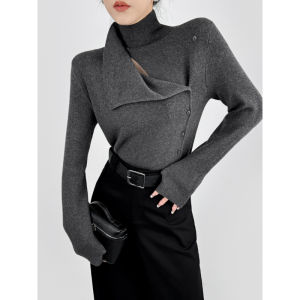 Áo Len Dệt Kim Cổ Cao Không Đều Double Z Áo Sơ Mi Nữ Mùa Đông Thanh Lịch Thon Gọn Mặc Trong Áo Len Cổ Chéo